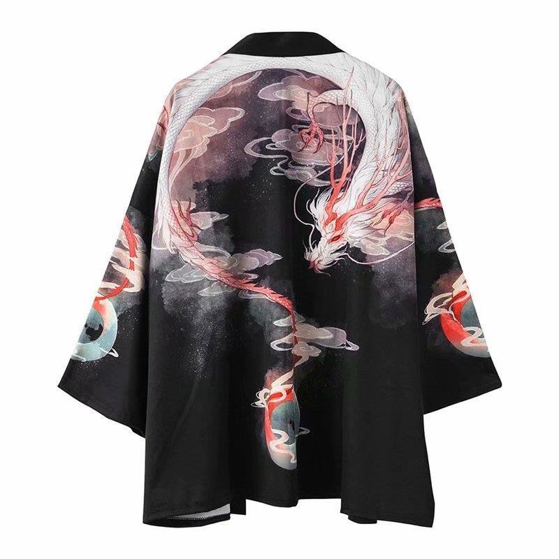 Áo Khoác Kimono Mỏng Dáng Rộng Tay Lửng In Hình Rồng Phong Cách Vintage Thời Trang Cho Nam