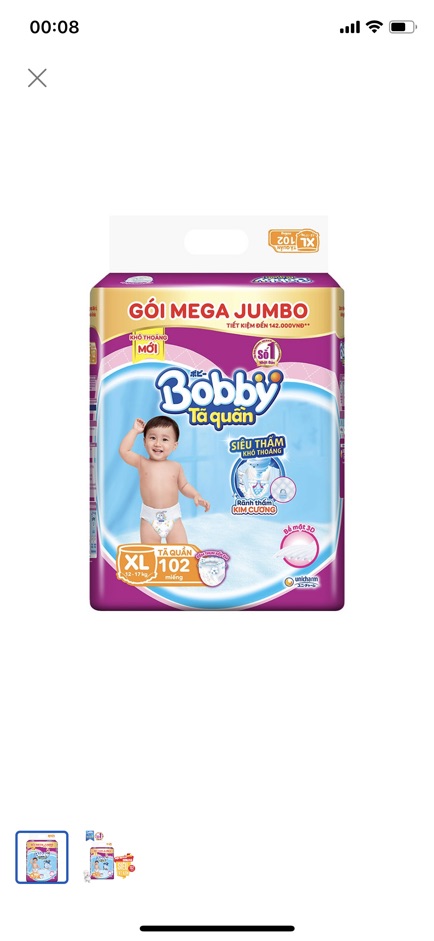 Tã Quần Bobby Gói Mega Jumbo M120 L111 XL102 XXL93