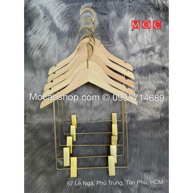 1 Móc gỗ mộc treo bộ người lớn, trẻ em kẹp vàng kim, kẹp bạc