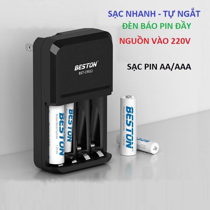 Bộ Sạc pin AA AAA Beston C9012, Sạc nhanh, tự ngắt khi đầy, nguồn 220V, đèn báo thông minh, pin sạc cho micro, remote