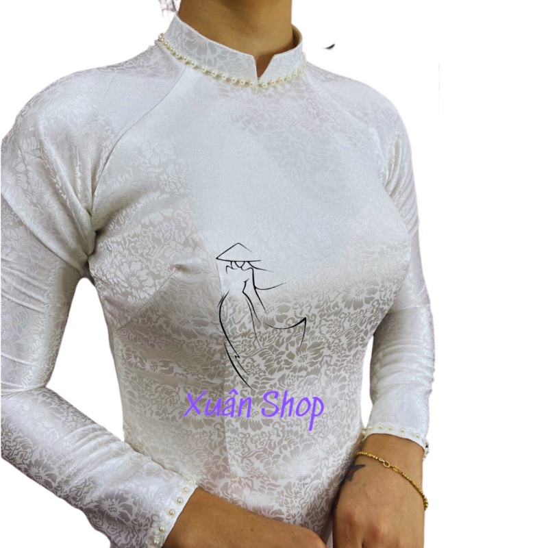 Áo dài truyền thống gấm tơ viền Ngọc Trai dệt hoa văn đẹp may sẵn
