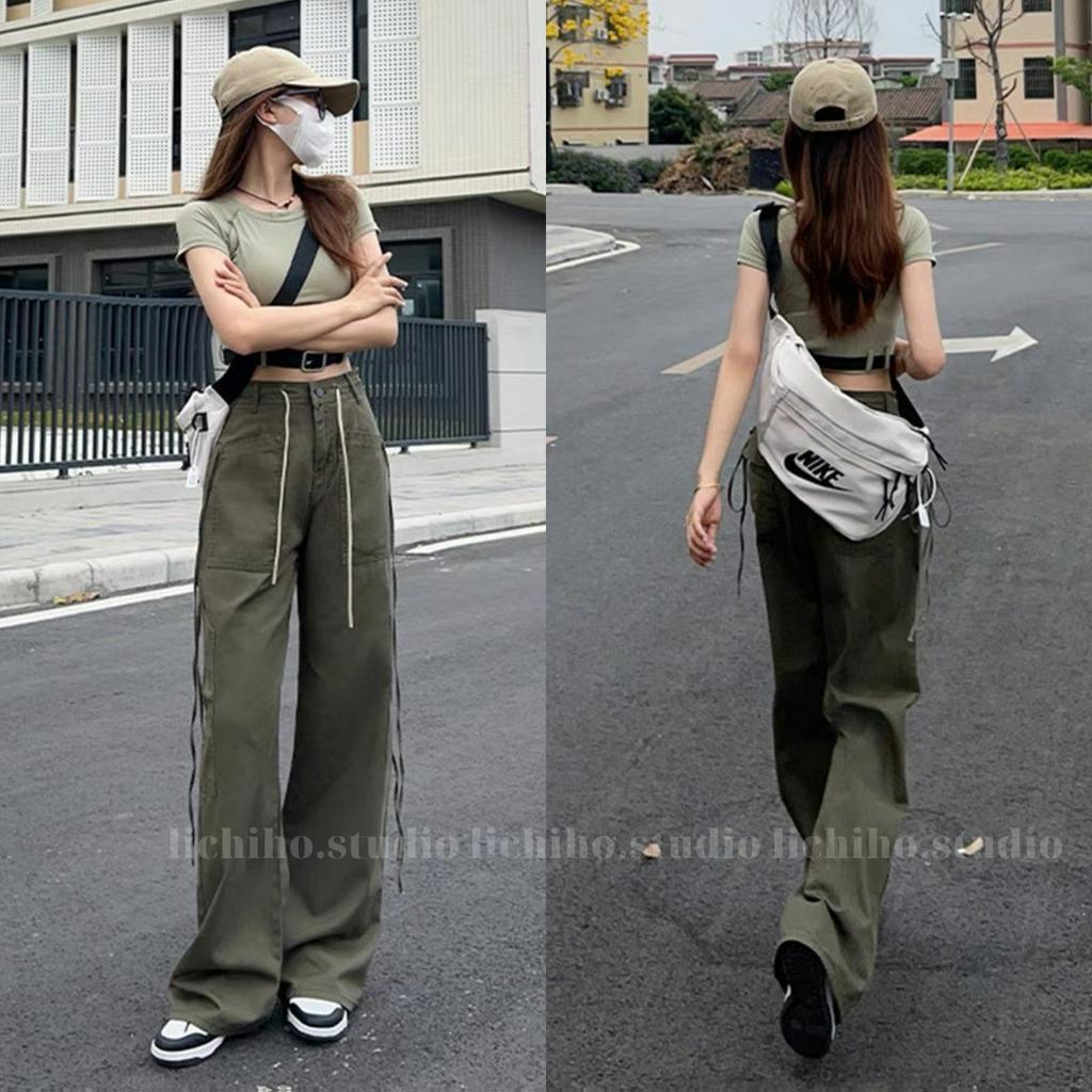 Quần kaki túi hộp phối dây rút eo form dài unisex cargo pants ống suông thiết kế cạp lưng cao cá tính trẻ trung LCH