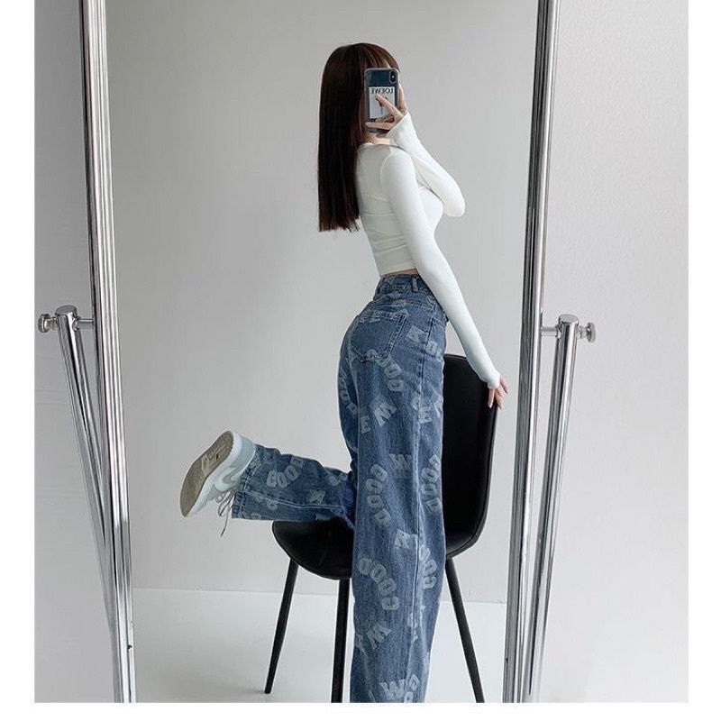 Quần Jean Nữ Hoạ Tiết style Hàn Quốc , Jean Cạp Cao Phong Cách Ulzzang MS02