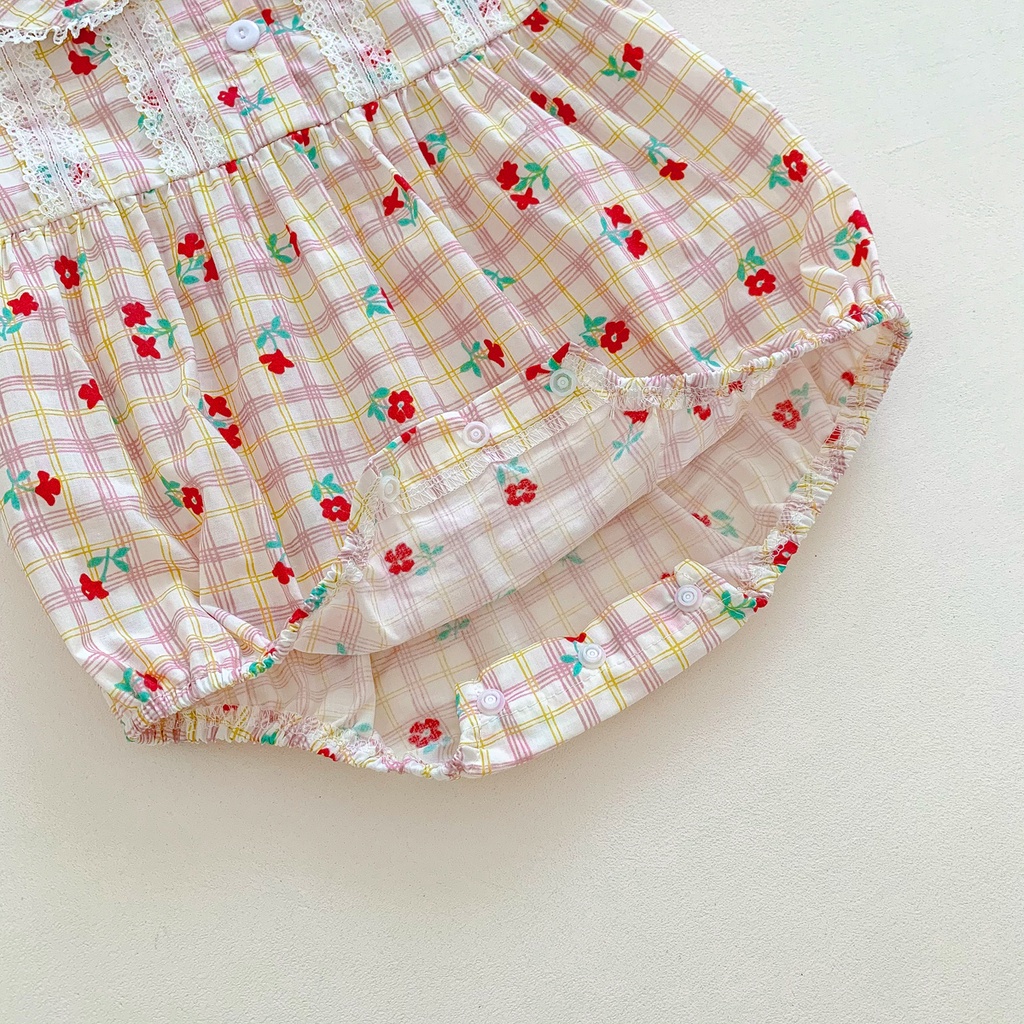 Bộ Áo Liền Quần Ngắn Tay Phối Ren In Hoa Thời Trang Mùa Hè Cho Bé Gái Sơ Sinh