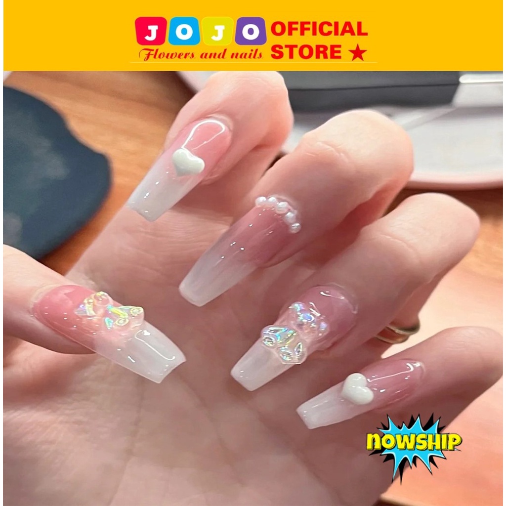 Móng tay giả, móng tay đính đá, đính nơ, chi tiết 3D WR006 kèm keo dán tại nhà