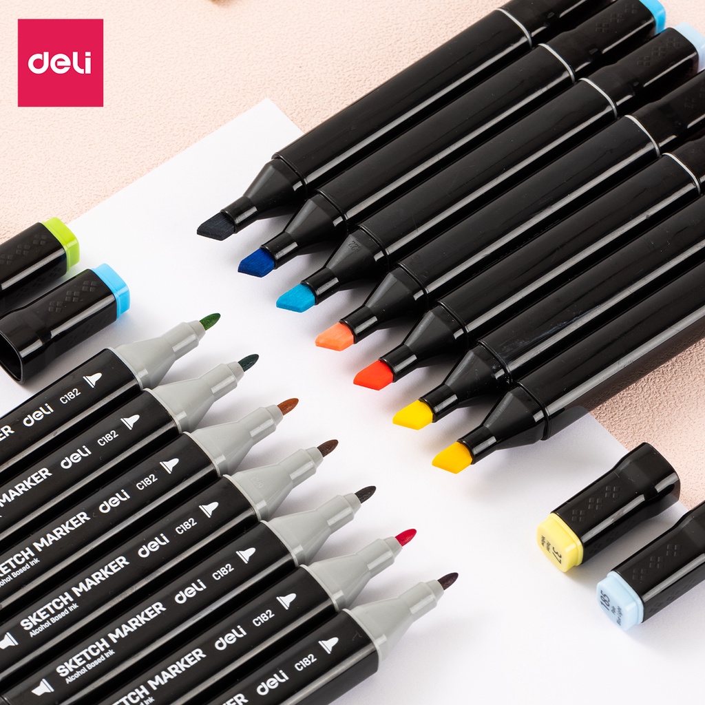 Bút màu dạ marker chuyên nghiệp chính hãng Deli kèm túi vải khay đựng họa cụ vẽ tranh cao cấp 30 / 40 / 60 / 80 màu
