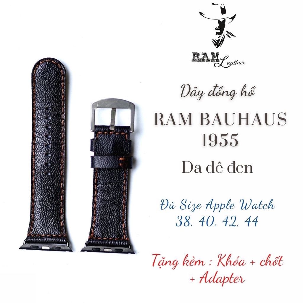 Dây đồng hồ Apple Watch , Iwatch , Iphone Watch Da Dê Đen Vân Alran RAM Leather 1955  Bền Đẹp