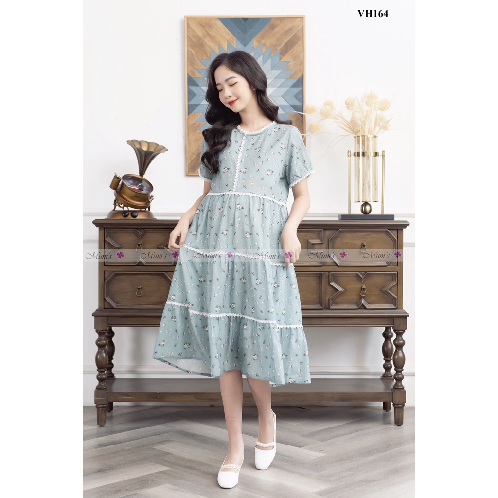 ĐẦM BẦU  FREESHIP  Váy bầu mùa hè dáng baby doll hoa nhí tăm xanh hoa nhí