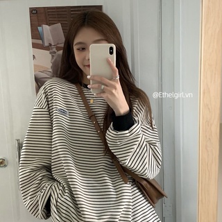 Ethelgirl Áo thun tay dài họa tiết kẻ sọc ngang phong cách Hàn Quốc cổ điển cá tính