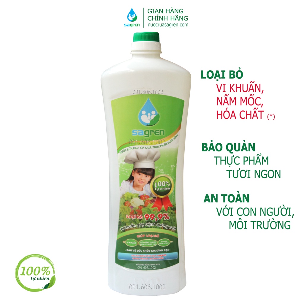 Nước rửa rau củ quả Sagren chai 1 lít - vệ sinh và diệt khuẩn tới 99,9%