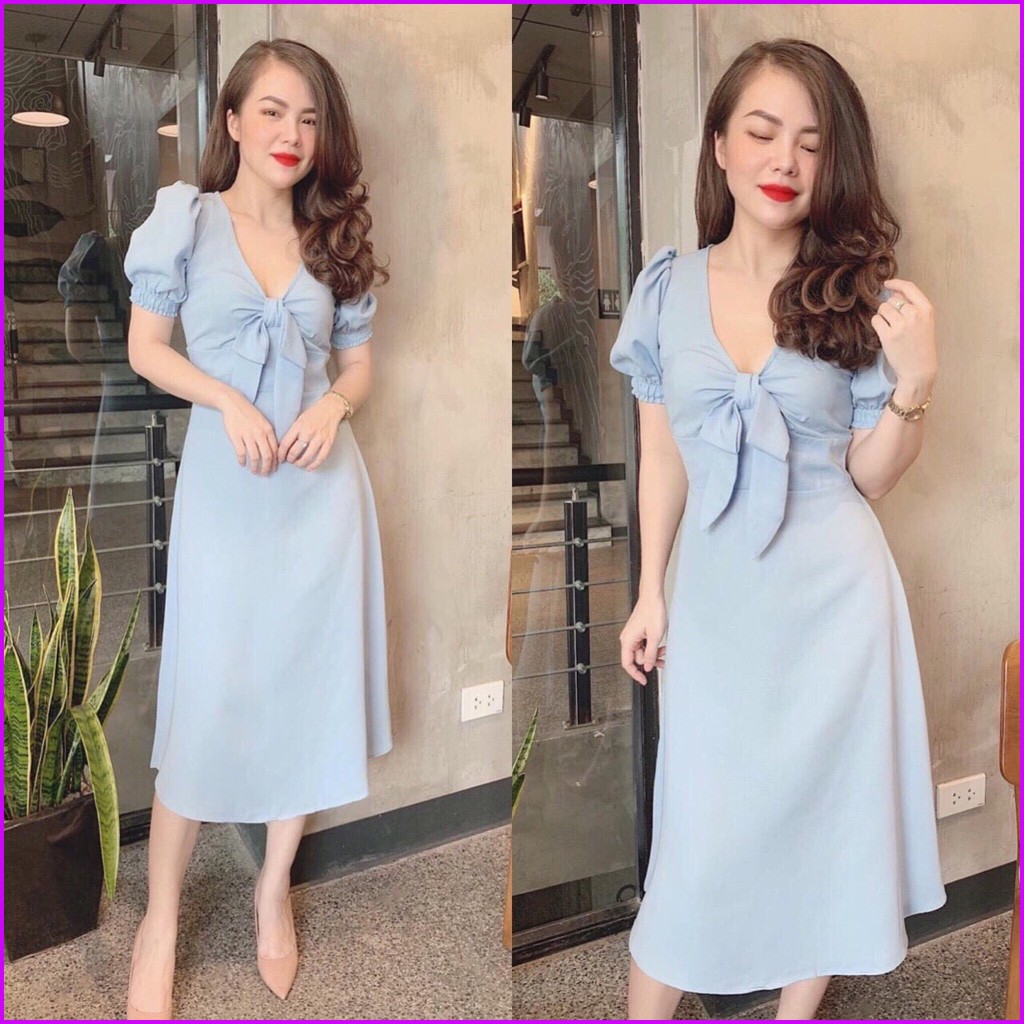 Đầm maxi cổ V cột nơ thời trang cao cấp | BigBuy360 - bigbuy360.vn