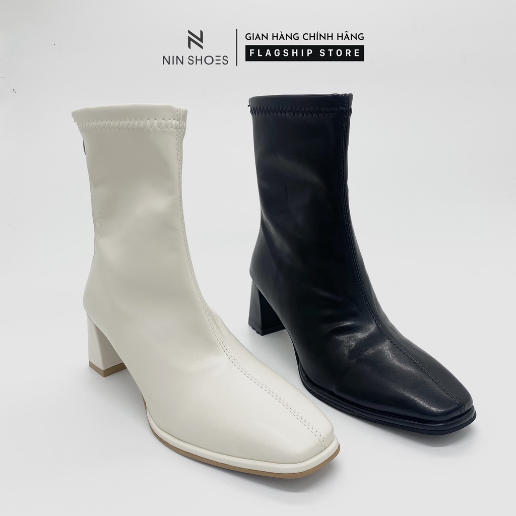 Giày boot nữ 7p gót vuông kéo khoa sau da si trơn Ninshoes
