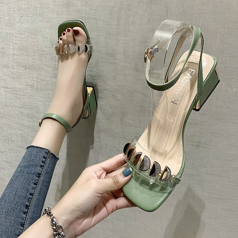 Giày sandal gót vuông 5cm phối quai tròn cực xinh