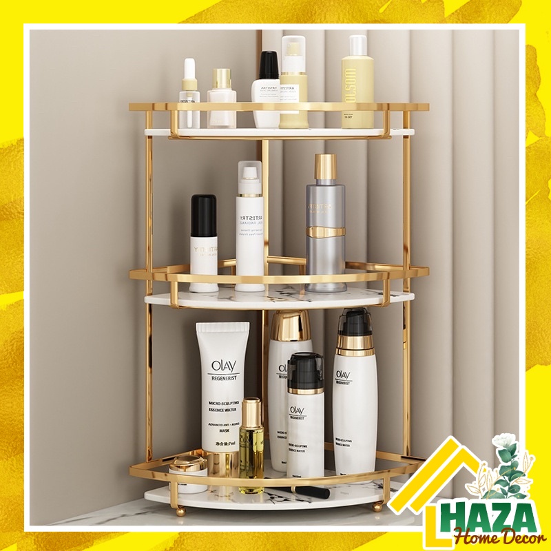 Kệ mỹ phẩm đa năng 3 tầng vân đá khung sắt mạ vàng gold sang trọng [Haza Home Decor]