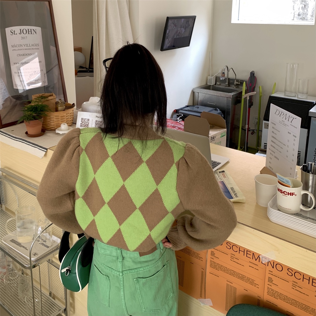 Áo sweater tay dài phồng dáng ôm sọc ca rô thời trang retro phương tây cá tính cho nữ