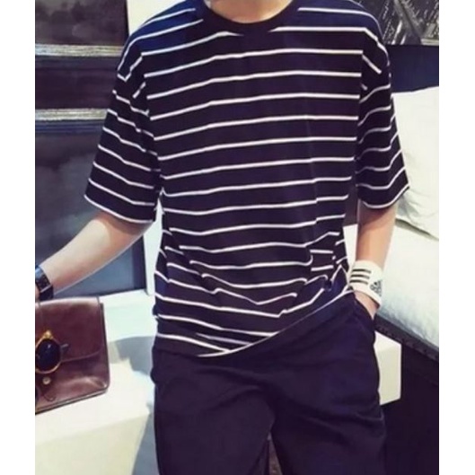 Áo Thun Nam Tay Lỡ Kẻ Ngang Vải Dày Mịn Thoáng Mát Phong Cách Hàn Quốc Đường May Tỉ Mỉ Màu Sắc Trẻ Trung