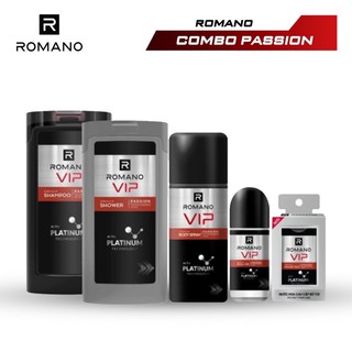 Combo Trọn Bộ Romano Vip 2020: Dầu gội 180g + Sữa tắm 180g + Xịt khử mùi 150ml + Lăn 50ml + Nước hoa bỏ túi 18ml