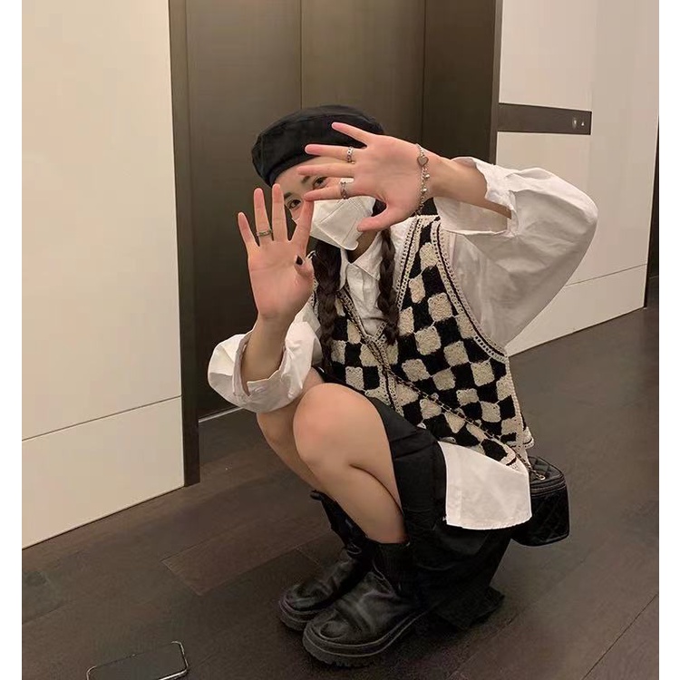 Áo dệt kim không tay họa tiết sọc caro phong cách retro Hàn quốc | BigBuy360 - bigbuy360.vn