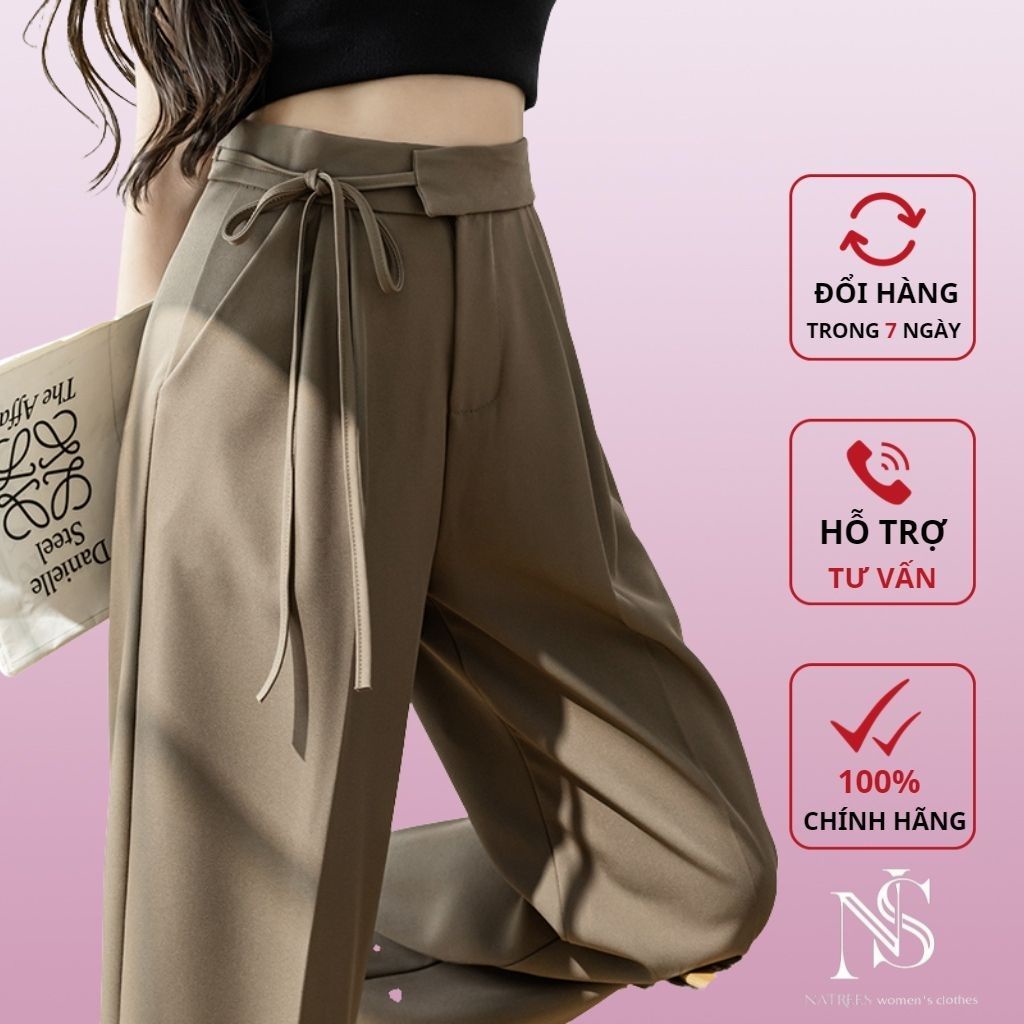 Quần ống rộng NATREES quần nữ ống rộng lưng cao dáng suông culottes form rộng phối dây buộc eo cực xinh
