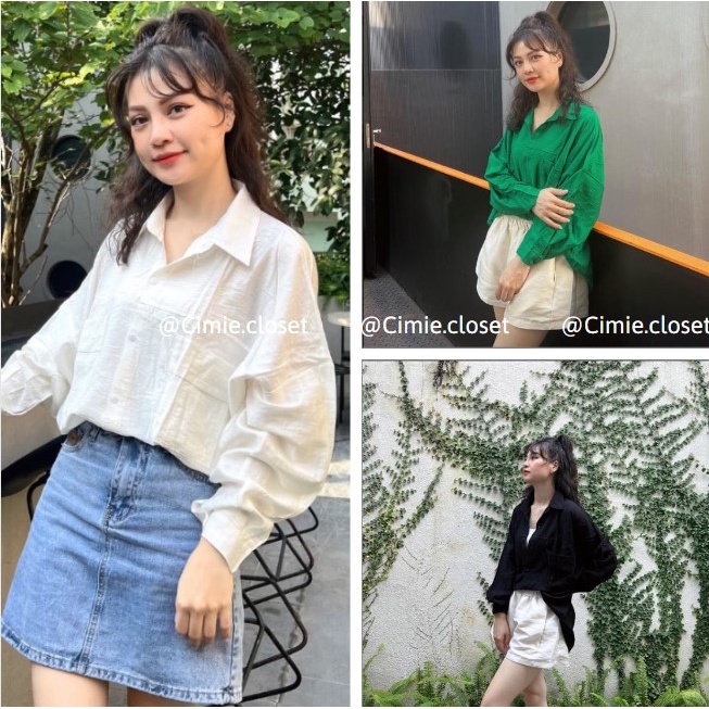Áo sơ mi dáng rộng tay dài phối 2 túi bên kiểu HQ