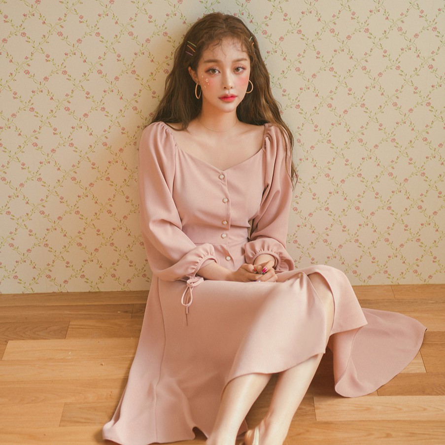 Đầm dáng xòe nữ tay dài midi Emilshop