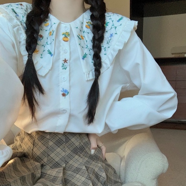 ZHELIHANGFEI Áo Sơ Mi Tay Dài Dáng Rộng Cổ Búp Bê Thêu Họa Tiết Xinh Xắn Phong Cách Nhật Bản