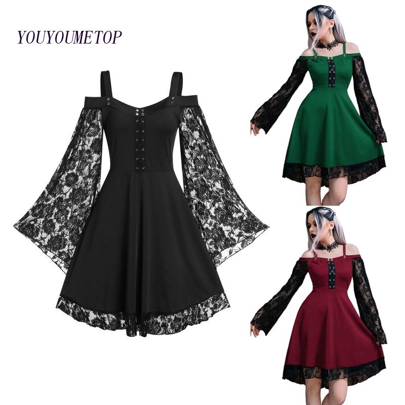 Youyo Đầm Midi Dáng Chữ A Xếp Ly Tay Chuông Phối Ren Phong Cách Harajuku Gothic Đường Phố Dự Tiệc Cho Nữ