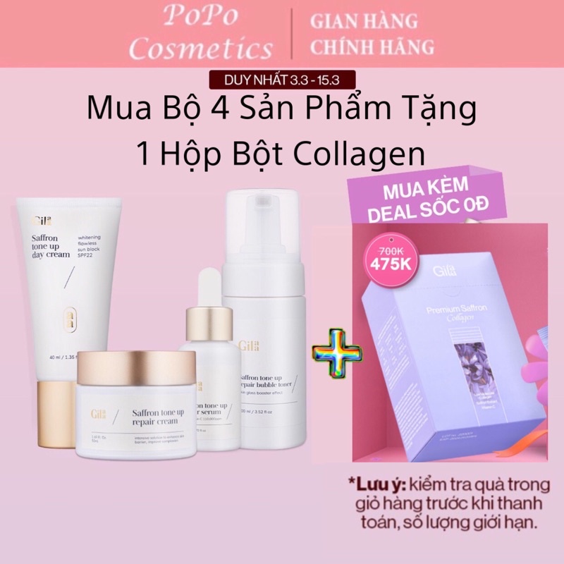 [Tặng 1 hộp Collagen]Bộ 4 sản phẩm dưỡng trắng và phục hồi da Gilaa Saffron Tone Up Repair