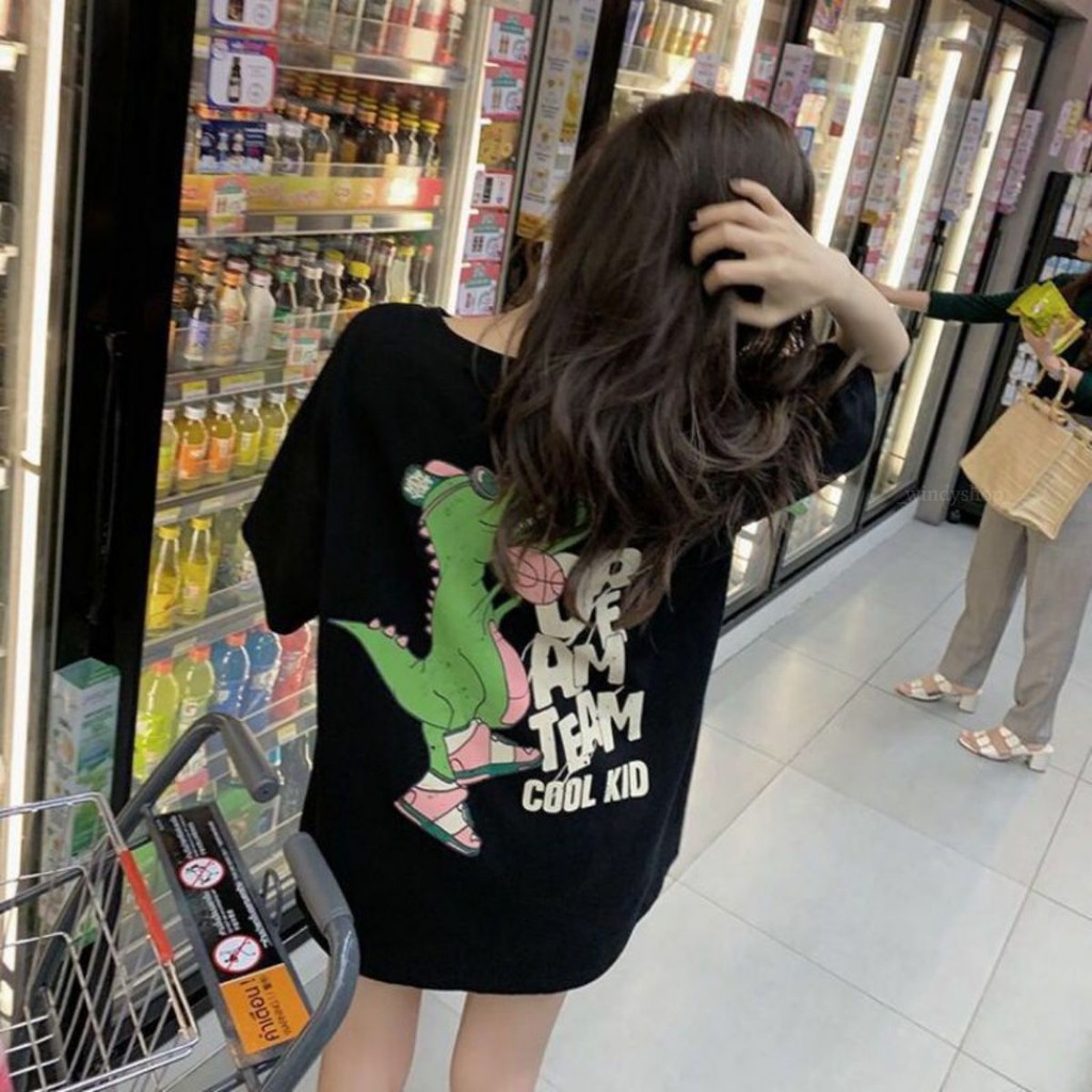 Áo Thun Tay Lỡ 100% Cotton Form Rộng Unisex In Hình Khủng Long