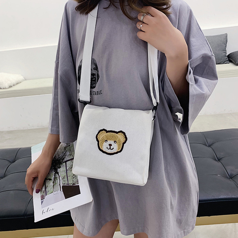 Túi Canvas Đeo Chéo Mềm Mại Họa Tiết Gấu Nhỏ Thời Trang Harajuku Nhật Hàn Đáng Yêu Cho Nữ