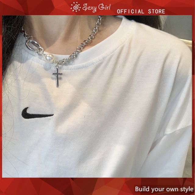 Vòng cổ Dáng Dài Mặt Hình Thánh Giá Đính Ngọc Trai Phong Cách Retro Hàn Quốc Mới