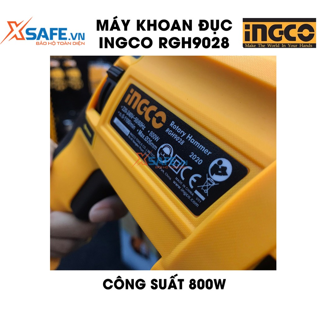 Máy Khoan đục INGCO RGH9028 tặng kèm 3 mũi khoan gài và 2 mũi đục. Máy khoan đục cầm tay có tốc độ không tải 0-1200rpm