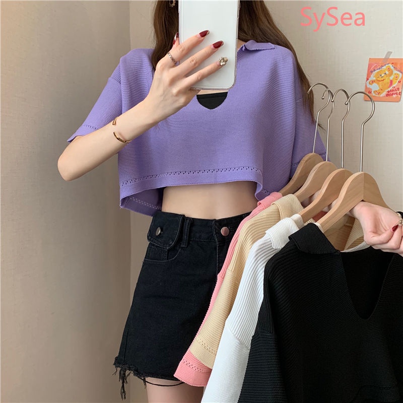 Áo dệt kim tay ngắn cổ chữ V dáng rộng thời trang Hàn Quốc sành điệu cho nữ