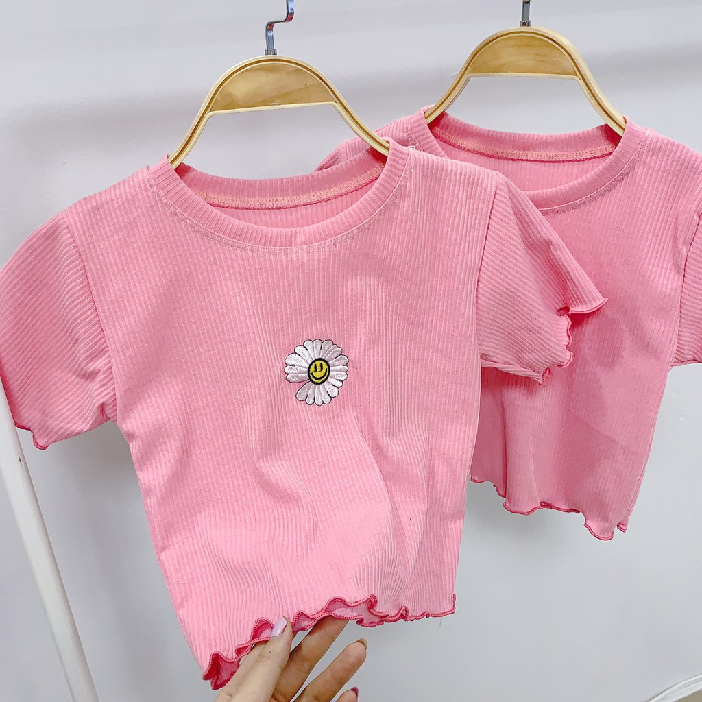 [HÌNH THẬT] ÁO CROPTOP  THUN ÔM BODY CO GIÃN - ÁO KIỂU CRT ULZANG NGẮN TAY TRƠN BASIC THÊU HOA CÚC 180