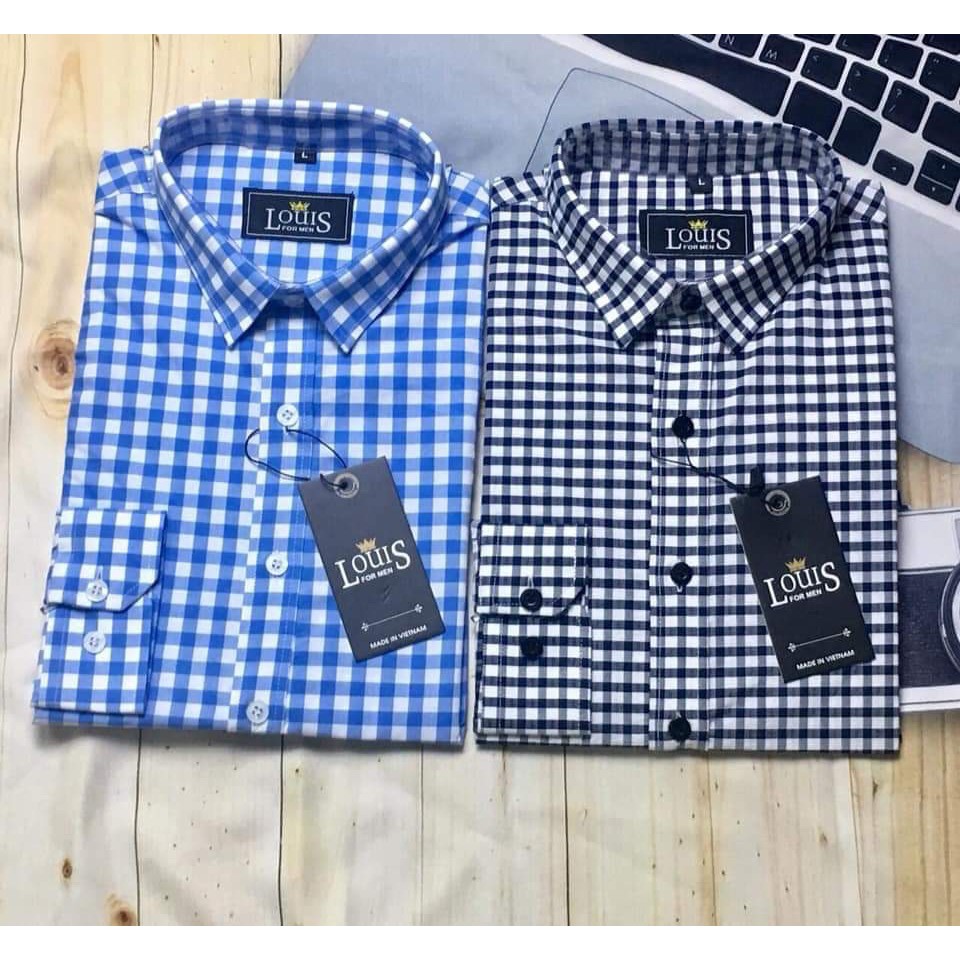 Áo sơ mi dài tay nam kẻ caro xanh dương chất vải mềm dáng body cho nhiều lứa tuổi