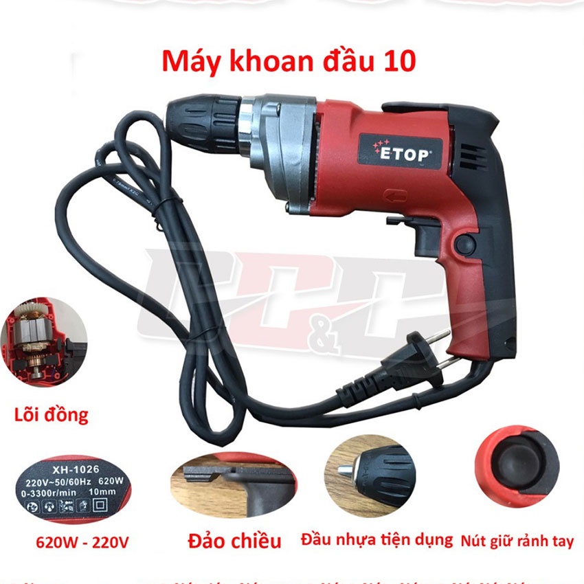 Máy khoan điện mini XH1026-620W lõi đồng 100% chính hãng ETOP -  Máy khoan cầm tay bắt vít, bắn tôn