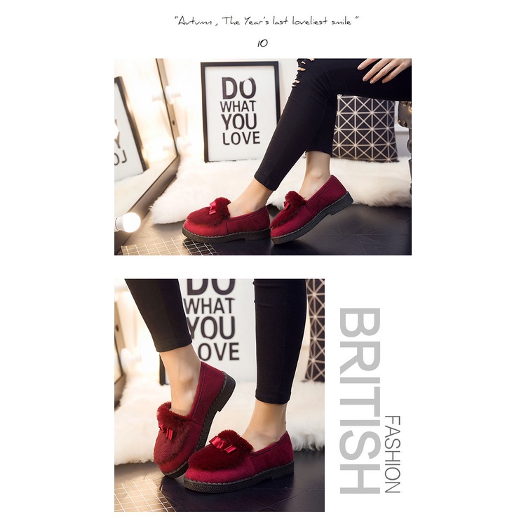 Giày Lười Đế Bằng Lót Bông Giữ Ấm Chống Trượt Phong Cách Hàn Quốc Thời Trang Thu Đông Cho Nữ