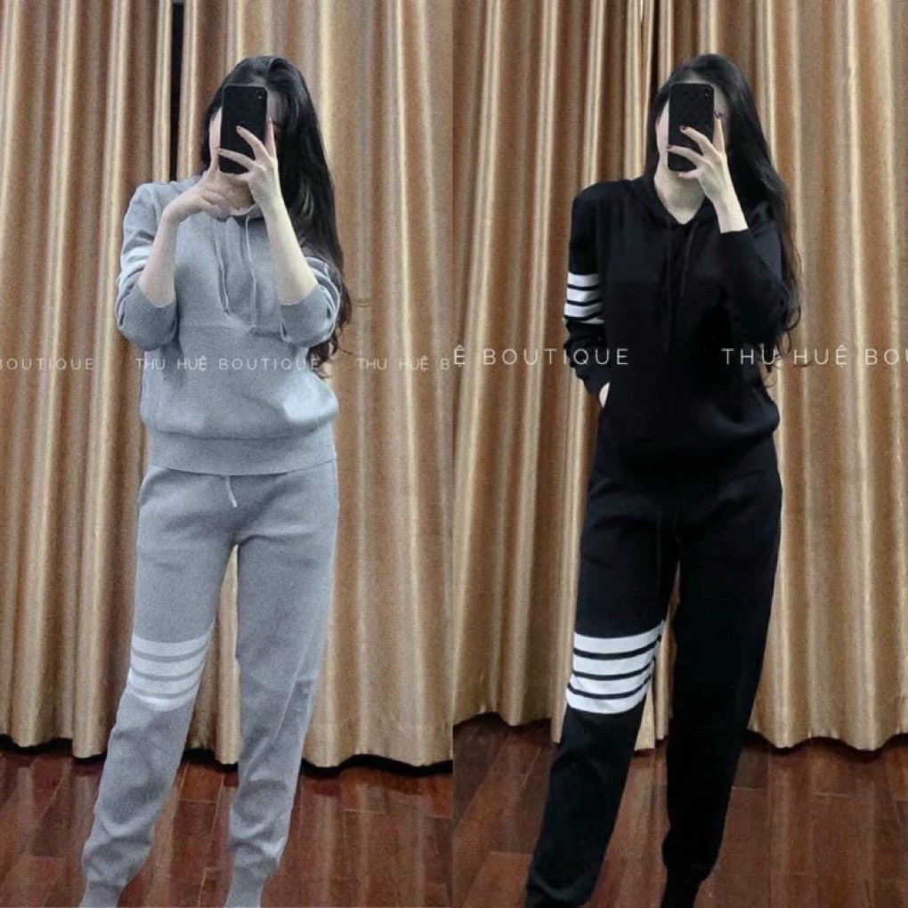 YE BỘ NỈ 4 SỌC NGANG MŨ 2 MÀU CHO NỮ