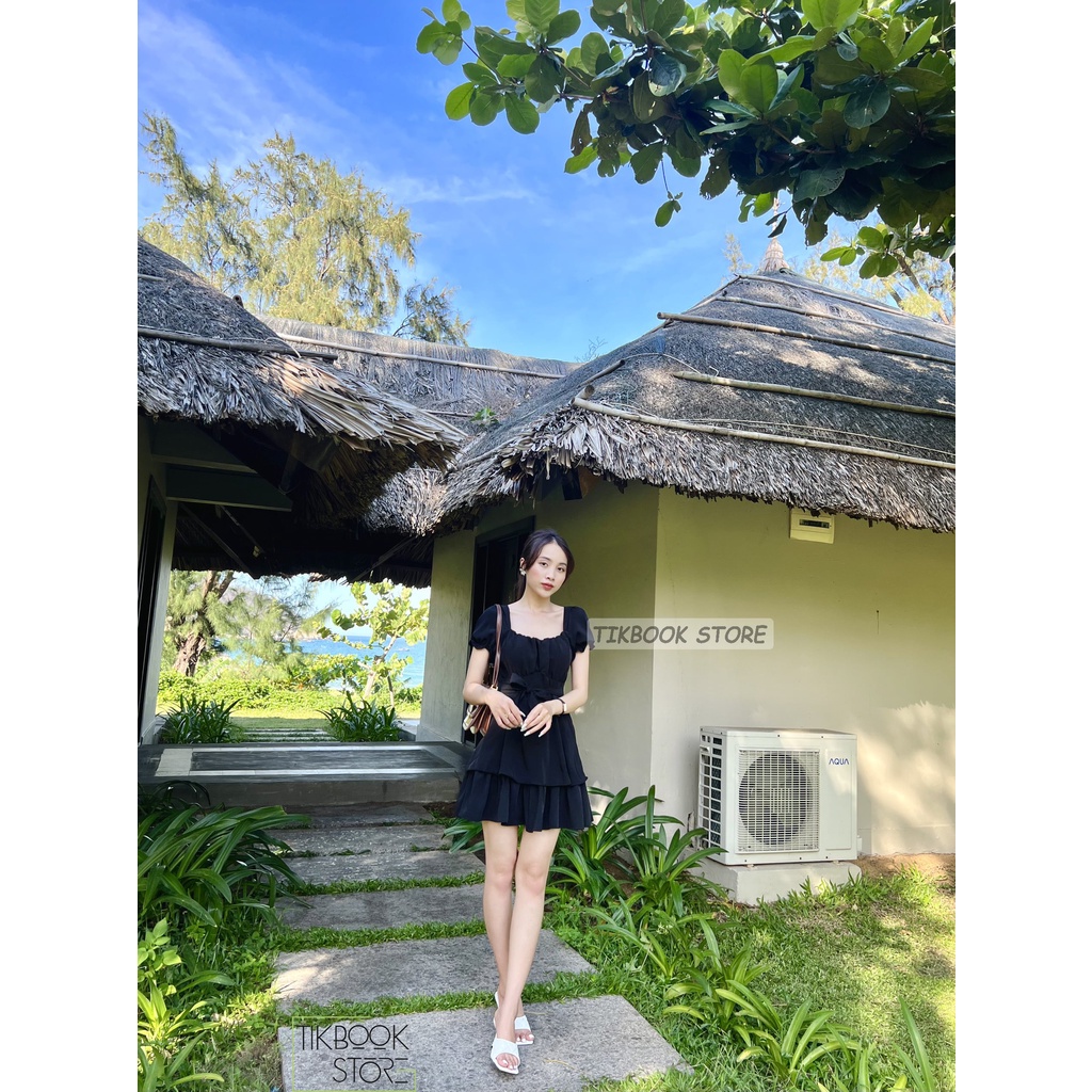 ĂNh thật- Váy tay bồng buộc eo thắt nơ - Tikbook Store