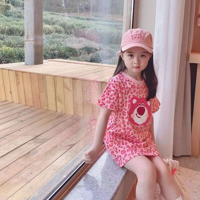 Đầm Thun Ngắn Tay In Hình Chú Gấu Hoạt Hình Dễ Thương Cho Bé Gái