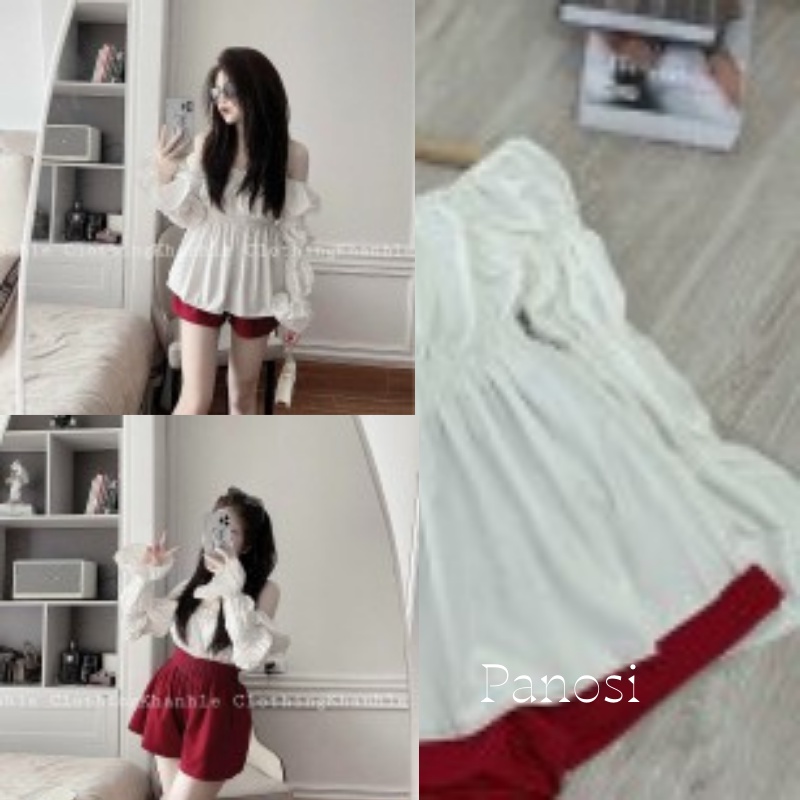 Set áo trễ vai phối quần short đỏ tiểu thư sang chảnh B617