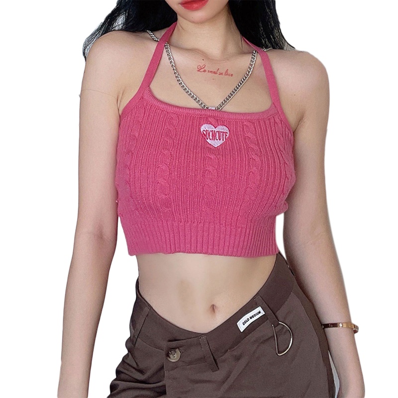 Áo Croptop Dệt Kim Không Tay Thêu Hình Trái Tim Quyến Rũ Cho Nữ