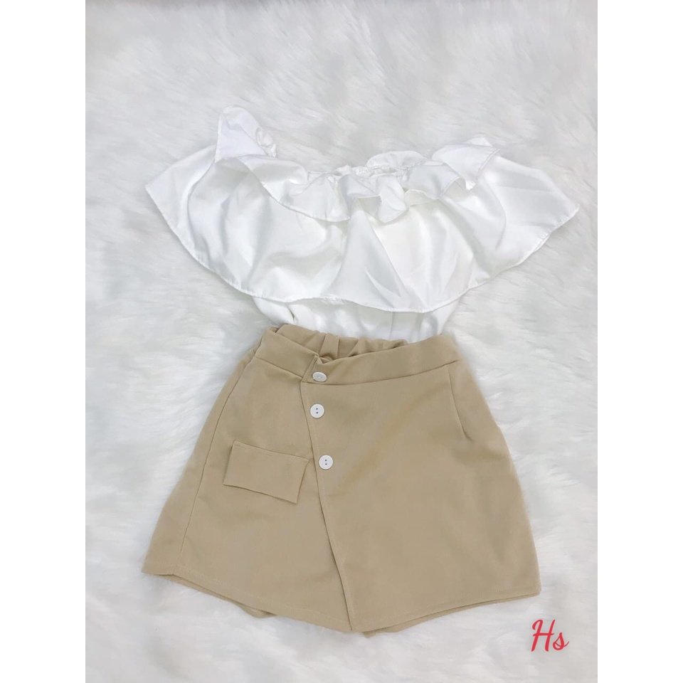 Áo croptop trễ vai 2 tầng cộc tay bồng bánh bèo, áo trắng trần điệu đà