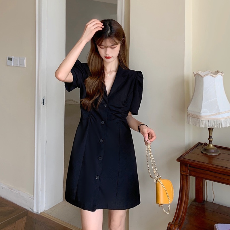 Spot  summer  new style  Korean version  design sense  drawstring  pleated  slim  niche suits  dresses