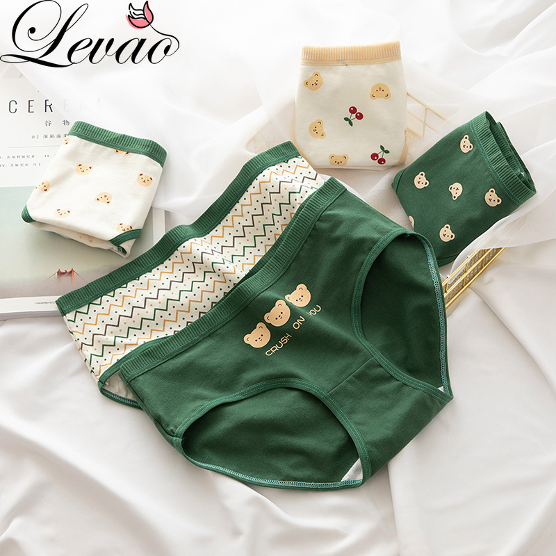 Quần lót Levao vải cotton lưng vừa in họa tiết gấu hoạt hình đáng yêu cho nữ
