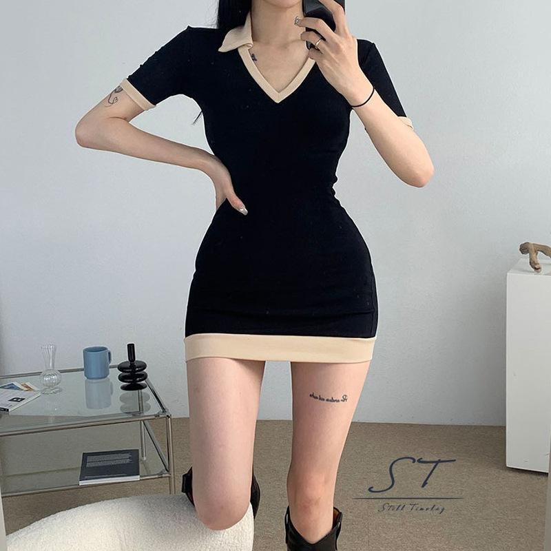 NFW-Đầm tay ngắn cổ chữ V ôm dáng màu đen/kaki/xanh dương cho nữ