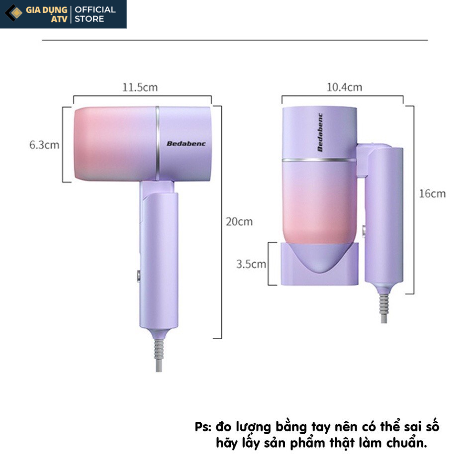 Máy sấy tóc mini công suất lớn tạo kiểu tóc chuyên nghiệp có ánh sáng xanh dưỡng tóc mượt tay cầm gấp gọn Pink Wish