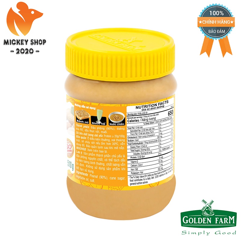 [ BÁN CHẠY ] Bơ Đậu Phộng Hạt Peanut Butter Crunchy Golden Farm 170g, 340g, 510g