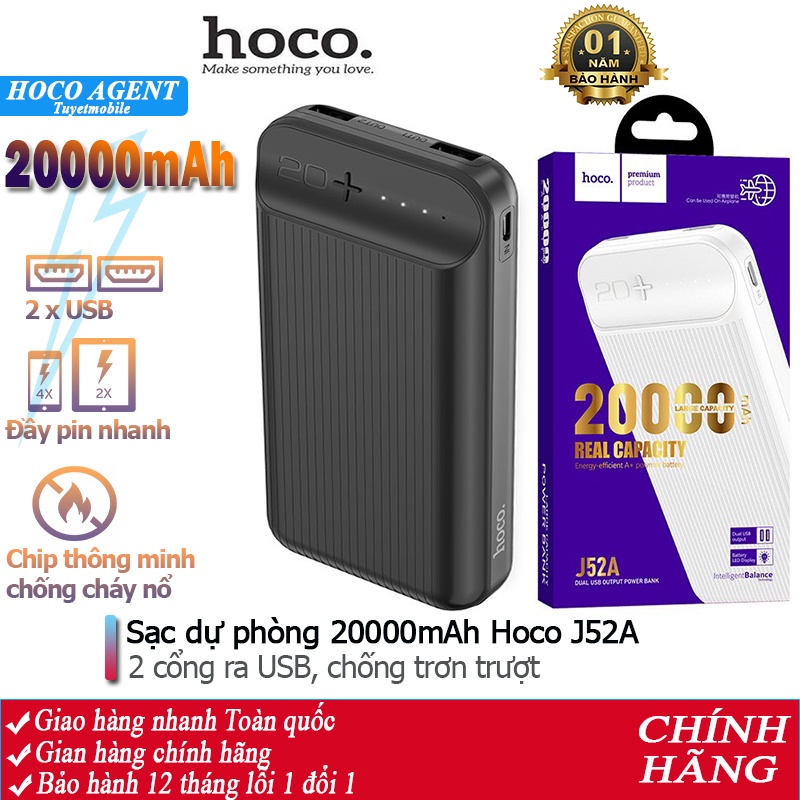 Pin sạc dự phòng Hoco J52A đèn báo pin, 2 cổng ra, dung lượng 20000mAh - Chính hãng