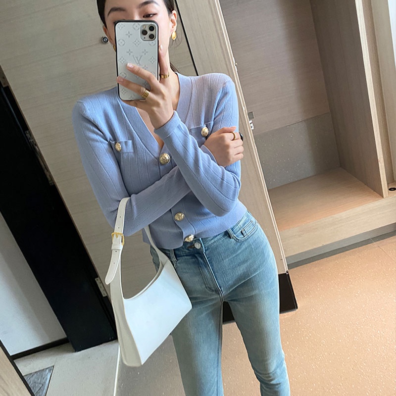 Áo Cardigan Dệt Kim Tay Dài Cổ Chữ V Dáng Ôm Phong Cách Thời Trang Hàn Quốc Dành Cho Nữ